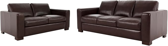 Naomi Home Freya Genuine Leather Sofa + Loveseat - Luxurious Comfort, Goose Feather Cushion Filling, Square Arm Design, Sturdy Block Legs, Elegant Espresso - Ideal for Living Room, Office, or Bedroom