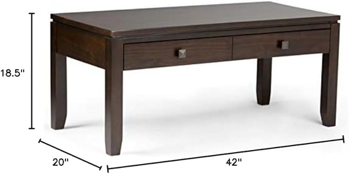 SIMPLIHOME Cosmopolitan Coffee Table - 42 inch Wide Solid Wood Contemporary Rectangle Cocktail Table in Mahogany Brown, Stylish Living Room Table with 2 Drawers and Square Brushed Nickel Knobs
