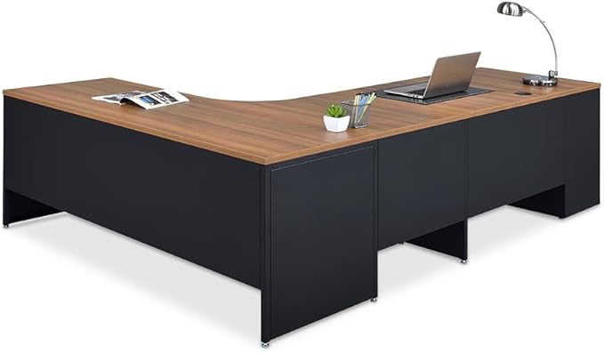 NBF L-Shaped Executive Office Desk - Durable Laminate Computer Desk with Three Drawers - Modern Desk with Storage and File Cabinet - Office Working Desk (72" Wx 96" D, Oak)