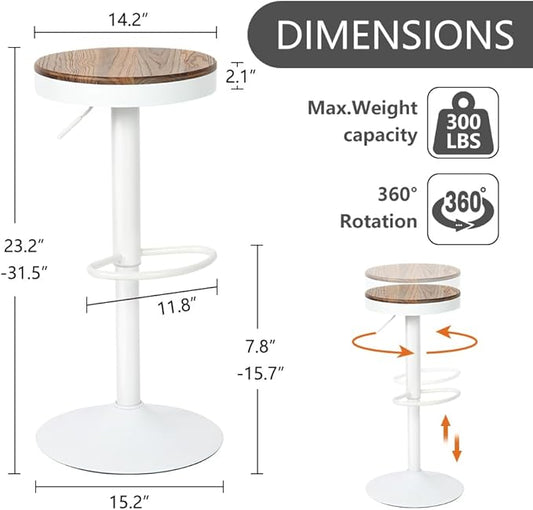 Kidol & Shellder Bar Stools Set of 2 Round Adjustable Swivel Barstools Modern Backless Bar Chairs Wooden Seat Counter Height Stools Armless for Kitchen Island, Cafe, Dining Room White