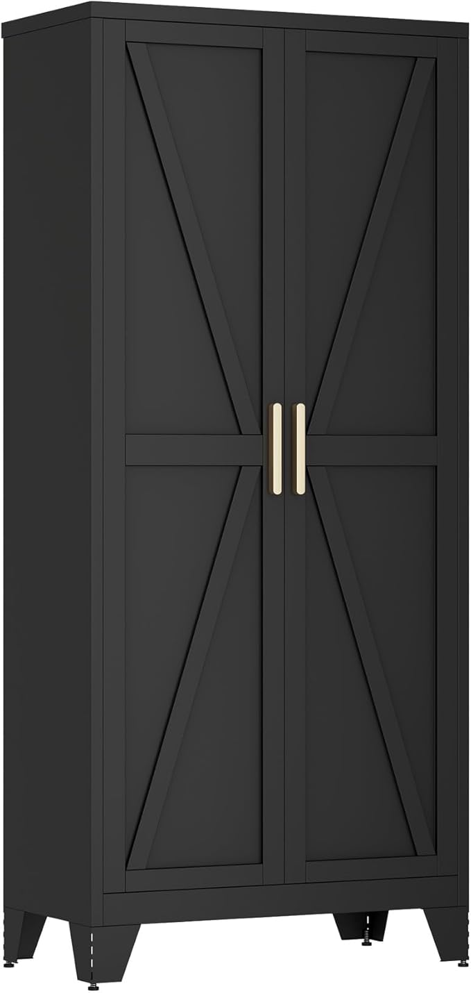 Large Metal Kitchen Pantry Storage Cabinet with Adjustable Shelves - Freestanding Kitchen Storage Cabinet for Dining Room,Livingroom Bathroom, Hallway, Workshop, Office (Black, 71"- 0 drawer)