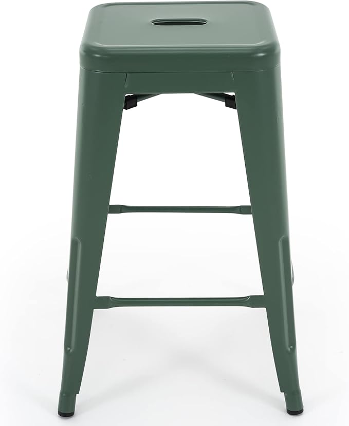Vogue Furniture Direct 24 Inch Metal Bar Stools, Backless Counter Height Barstools, Indoor Outdoor Stackable Stools with Square Seat, Set of 4 (Dark Green)