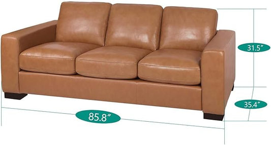 Naomi Home Freya Genuine Leather Sofa - Luxurious Comfort, Goose Feather Cushion Filling, Square Arm Design, Sturdy Block Legs, Elegant Tan - Ideal for Living Room, Office, or Bedroom