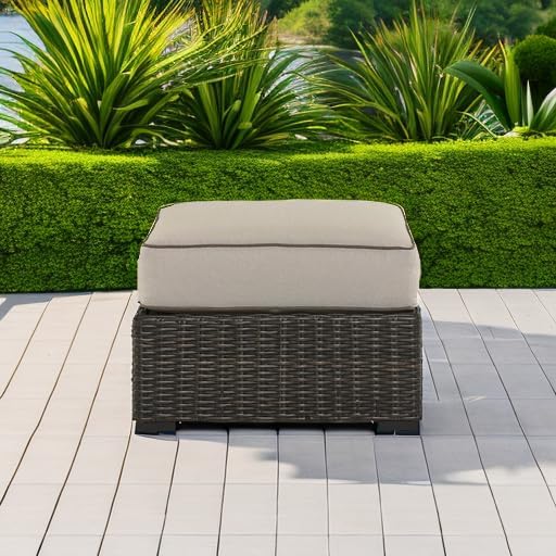 Signature Design by Ashley Coastline Bay Outdoor Patio Nuvella Weather Resistant Fabric, Resin Wicker Ottoman with Cushion, Beige & Dark Brown
