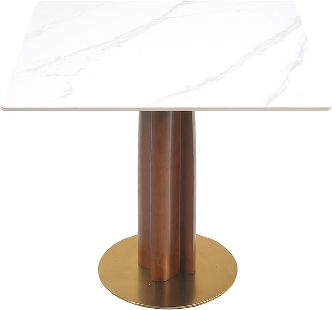 Sintered Stone Square Office Table and Chair Set - Meeting Table for Small Offices (Walnut Leg and White Top, 1 Table and 2 Chairs)