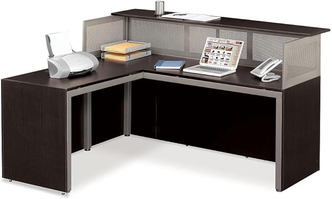 nbf signature series L Shaped Computer Desk for Office Ergonomic Corner Desk with Reversible Return Working PC Desk in Gray Laminate Brushed Nickel Steel Frame