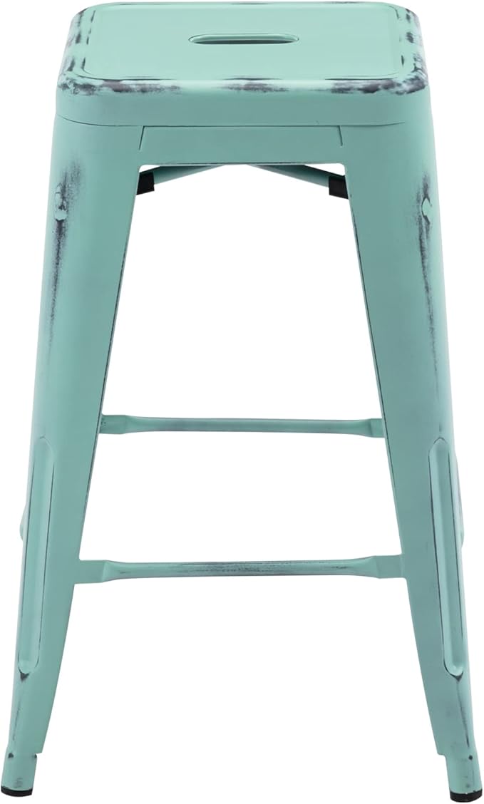 Vogue Furniture Direct 24 Inch Metal Bar Stools, Backless Counter Height Barstools, Indoor Outdoor Stackable Stools with Square Seat, Set of 2 (Distressed Mint Green)