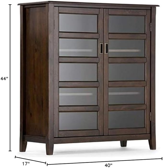 SIMPLIHOME Burlington SOLID WOOD 40 inch Wide Transitional Medium Storage Cabinet in Mahogany Brown, with 2 Tempered Glass Doors that open to 4 Adjustable Shelves
