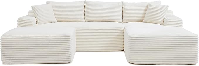 108 Inch Cloud Sectional Couch,Modern Modular Sectional Sofa with Deep Seat,Corduroy Boneless Couches with L-Shape Chaise for Living Room,No Assembly Required (Beige, Right Facing Chaise + Ottoman)