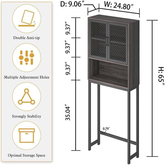 Launica Over The Toilet Storage Cabinet, Industrial Bathroom Organizer Above Toilet, Bathrooms Space Saver Stand with Shelf, Wood and Metal Freestanding Bathrooms Rack Behind The Toilet, Dark Gray Oak