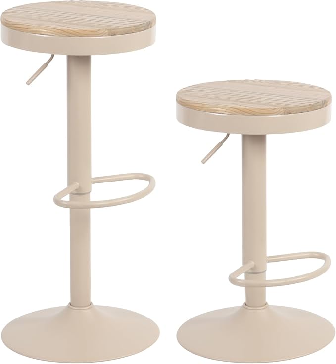 Kidol & Shellder Bar Stools Set of 2 Round Adjustable Swivel Barstools Modern Backless Bar Chairs Wooden Seat Counter Height Stools Armless for Kitchen Island, Cafe, Dining Room (Khaki)