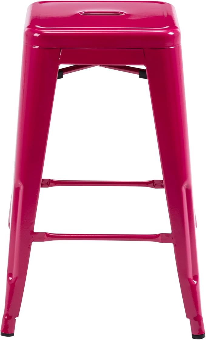 Vogue Furniture Direct 24 Inch Metal Bar Stools, Backless Counter Height Barstools, Indoor Outdoor Stackable Stools with Square Seat, Set of 2 (Hot Pink)