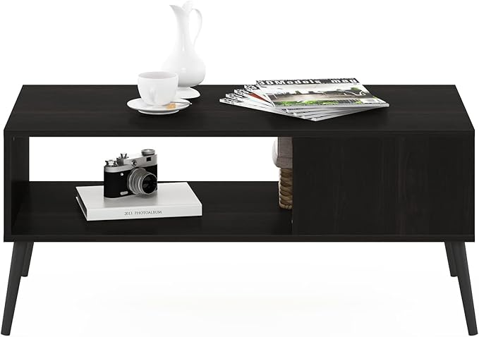 Furinno Claude Mid Century Style Coffee Table with Wood Legs, Espresso Large Non-Lift Top