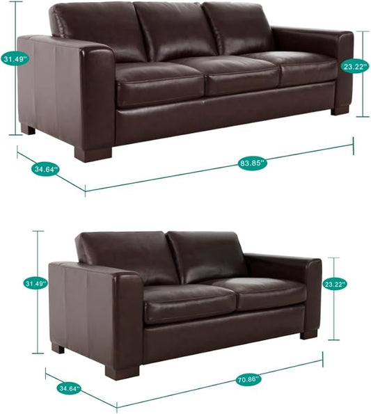 Naomi Home Freya Genuine Leather Sofa + Loveseat - Luxurious Comfort, Goose Feather Cushion Filling, Square Arm Design, Sturdy Block Legs, Elegant Espresso - Ideal for Living Room, Office, or Bedroom