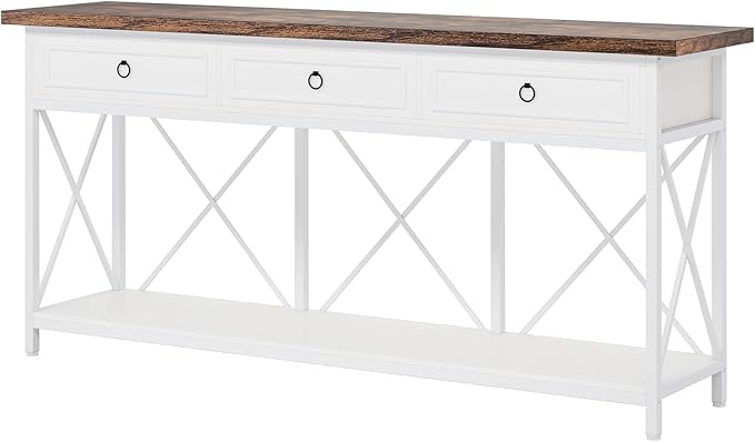 Tribesigns 70.8" Console Table with 3 Drawers, Farmhouse Entryway Table with Storage Shelf, Narrow Long Sofa Foyer Table for Entryway, Hallway (White/Brown)