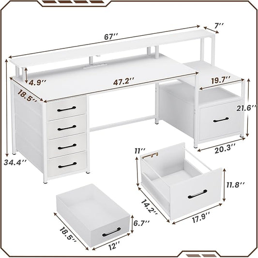 SEDETA White Computer Desk with 5 Drawer & Power Outlet, 66'' Home Office Desk with File Drawer, Storage Shelves, Printer Cabinet and Monitor Shelf, Gaming Desk with Led Lights