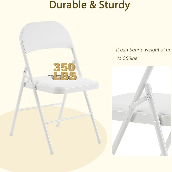 6 Pack White Folding Chairs with Comfortable Cushion and Back, Portable & Foldable Indoor Outdoor Chairs with Durable Metal Frame for Office/Party/Events/Kitchen/Dinning/Wedding, 330lbs Capacity