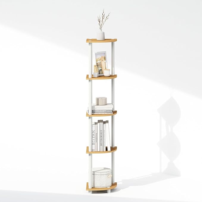 Furinno Turn-N-Tube Corner Shelf, 5-Tier Corner Display Rack, Shelving Unit, for Organization and Storage, Living Room, Home Office, Garage, Bedroom, Beech