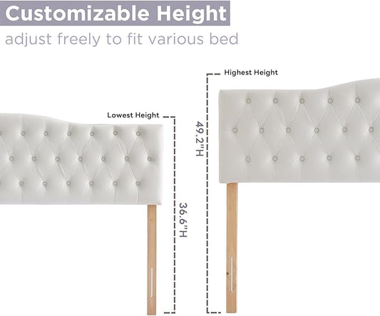 Upholstered King Headboard, Button Diamond Tufted Headboard with Adjustable Height and Solid Wood Leg, Velvet Padded Headboards for King Size Bed, Modern Head Board, White