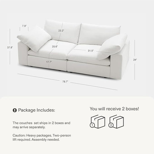 Modular Cloud Sofa, 78.7" Cloud Sectional Couches with Deep Seat,Oversized Loveseat Sofa for Living Room, Modern Comfy Couch with Washable Cover, Wide Armrest (White)