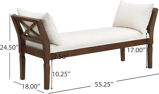 Christopher Knight Home Viko Farmhouse Wooden Living Room Ottoman Bench with Cross-back Detail, Upholstered End of Bed Ottoman with Armrest, Long Entryway Bench, Long Seating for Bedroom, Beige+Walnut