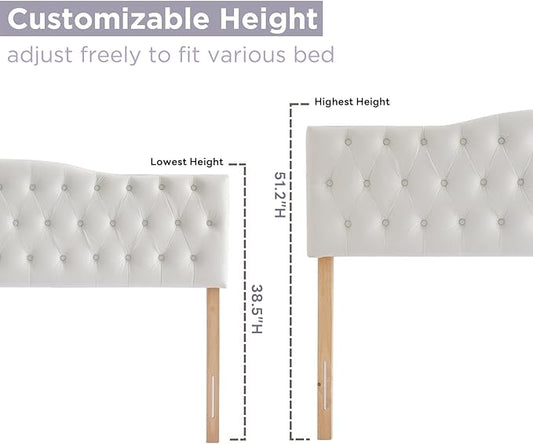 Upholstered Queen Headboard, Button Diamond Tufted Headboard with Adjustable Height and Solid Wood Leg, Velvet Padded Headboards for Queen Size Bed, Modern Head Board, White