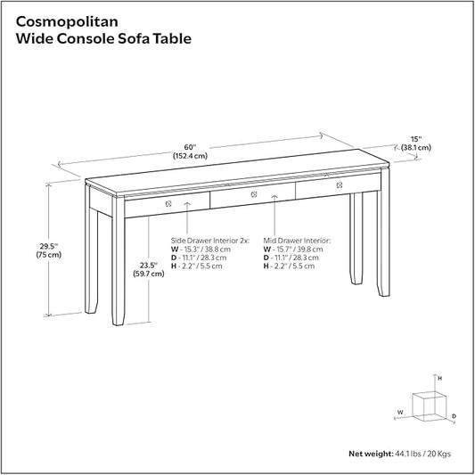 SIMPLIHOME Cosmopolitan Console Table - 60 Inch Wide Solid Wood Sofa Table in Mahogany Brown, Contemporary Storage Table for Entryway or Living Room with 3 Drawers, Square-Edged Top, and Tapered Legs