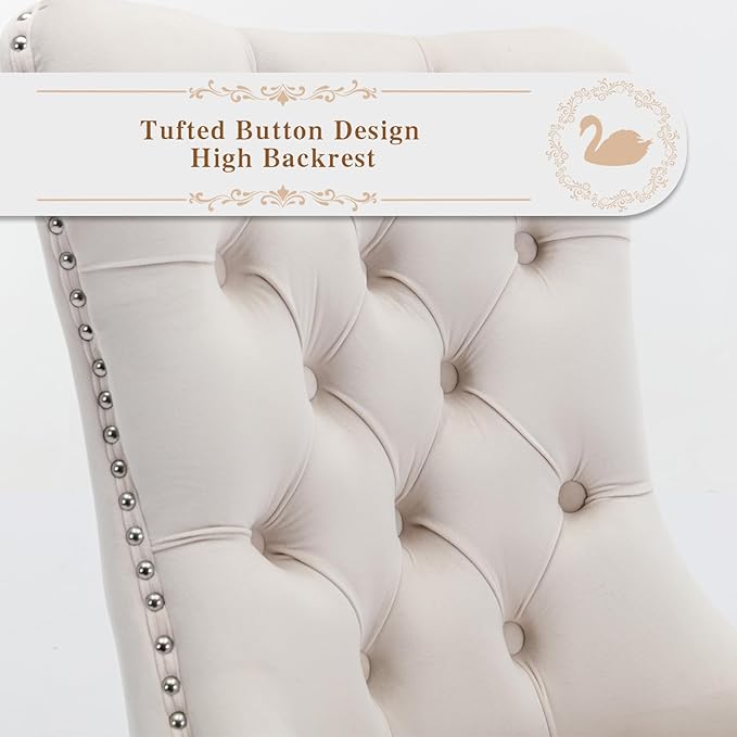 Velvet Upholstered Dining Chairs Set of 2, Modern Style Kitchen Side Chairs with Nailhead Trim and Silver Plated Leg, Metal Pulling Ring for Dining Room Living Room(Creamy White)