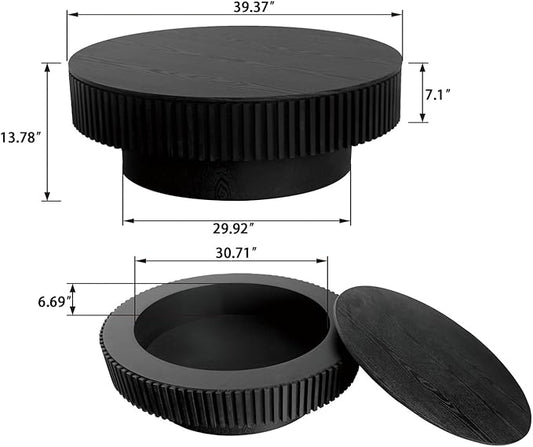 39.37'' Round Coffee Table for Living Room, Fluted Coffee Table with Hidden Storage, Solid Wood Veneered Circle Table, Modern Tea Table for Small Space Apartment (Black)