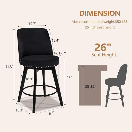 MINCETA Bar Stools Set of 2, 26 Inch Upholstered Barstools with High Back and Footrest, Swivel Counter Height Barstools for Kitchen Island Home Bar Black