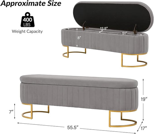 EcoHarbor Living 55.5" Storage Bench Ottoman End of Bed Bench Bedroom Bench, Upholstered Velvet Long Window Bench Large King Size with Gold Legs, Flipping Lid Entryway Footrest (Light Grey)
