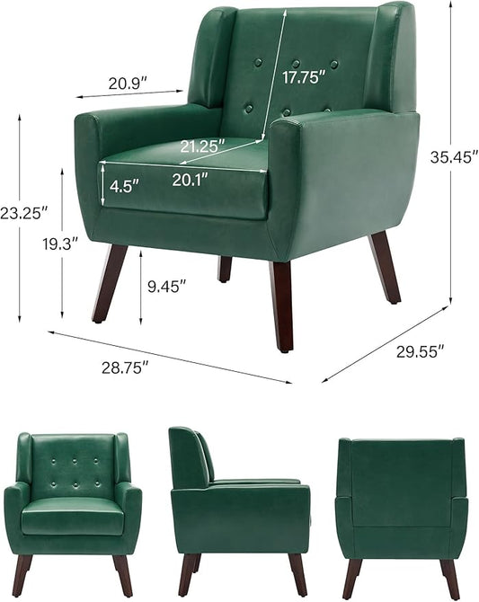 Accent Chair, Mid-Century Modern PU Leather Chairs with Arms for Living Room, Comfy Upholstered Club Single Sofa Armchair for Bedroom Waiting Room with Solid Wood Frame(Leather Green, Set of 1