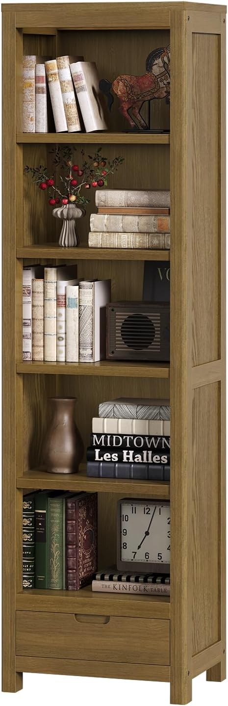 TVU 5-Tier Solid Wood Bookshelf with Drawers, 72-inch Tall Standing Bookcase, 17.7" Wide Open Display Shelf for Living Room, Study, Office Storage, Deep Wood Color
