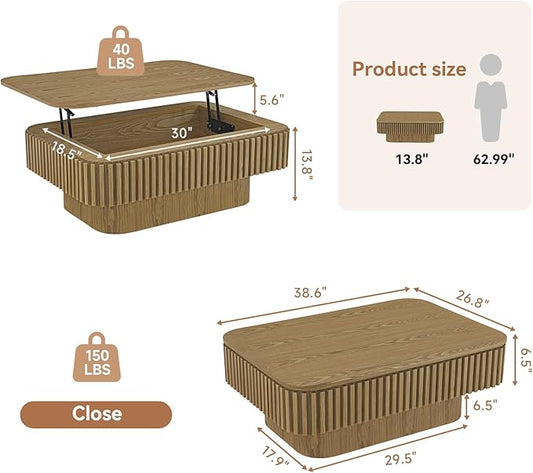Lift Top Coffee Table for Living Room, Fluted Coffee Tables with Storage, Solid Wood Veneered Modern Accent Tea Center Table for Small Space Apartment (Natural-38.6''D×26.8''H)