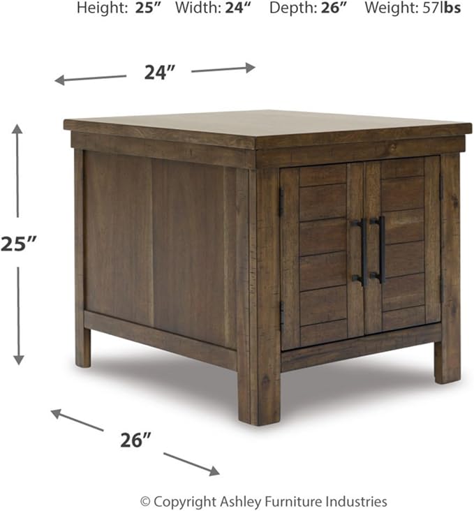 Signature Design by Ashley Moriville Rustic Farmhouse Rectangular End Table with Dual Cabinet Doors, Antique Bronze-Tone Hardware, Wood, 25" High, Brown