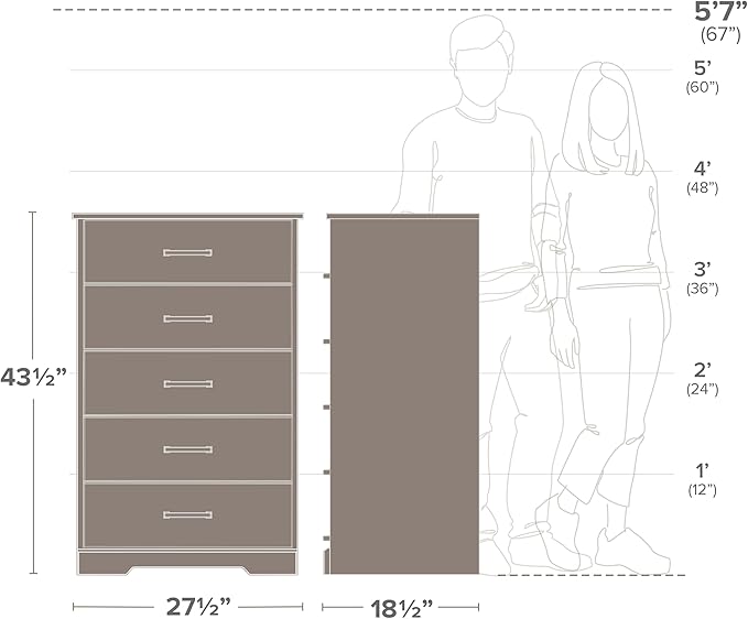 Prepac Rustic Ridge Farmhouse Dresser, White Dresser for Bedroom, Chest of Drawers with 5 Drawers 18.5" D x 27.5" W x 43.5" H, WBDR-1605-1