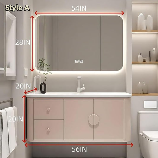56IN Pink Modern Bathroom Vanity - Bathroom Vanities Set with 2 Drawers Wall Mounted | Rounded Corner Smart Defogging Mirror Cabinet with Lighting & Time Display, Side Opening Storage Shelf (Style A)
