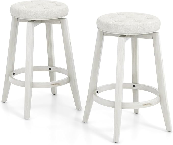 COSTWAY 360° Swivel Bar Stools Set of 2, 26-inch Height Vintage Upholstered Rubberwood Backless Bar Chairs with Footrest, Retro Kitchen Counter Stools for Kitchen Island Dining Room Home Bar, White