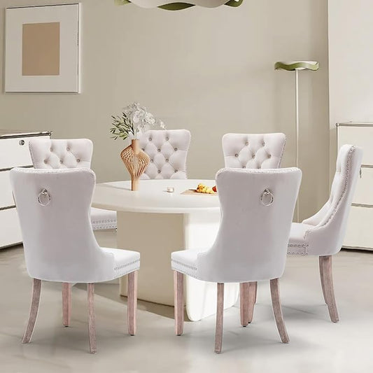Velvet Upholstered Dining Chairs Set of 6, Modern Style Kitchen Side Chairs with Nailhead Trim and Wood Legs,Metal Pulling Ring for Dining Room Living Room(Beige,Set of 6)