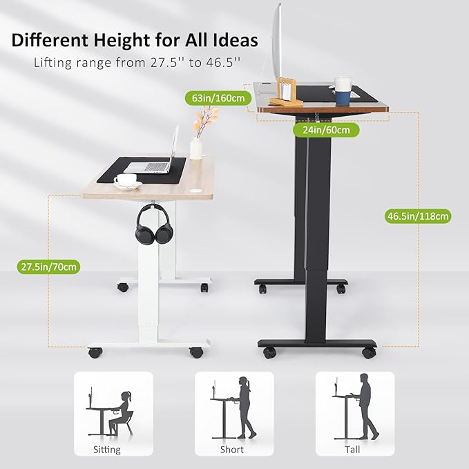 farexon arexon Electric Standing Desk 63 x 24In with Charging Station, Rolling Stand up Desk with Oversized Mouse Pad, 2 USB Ports & 3 Power Outlets, 4 Casters, 4 Preset Heights Easy to Set(Black