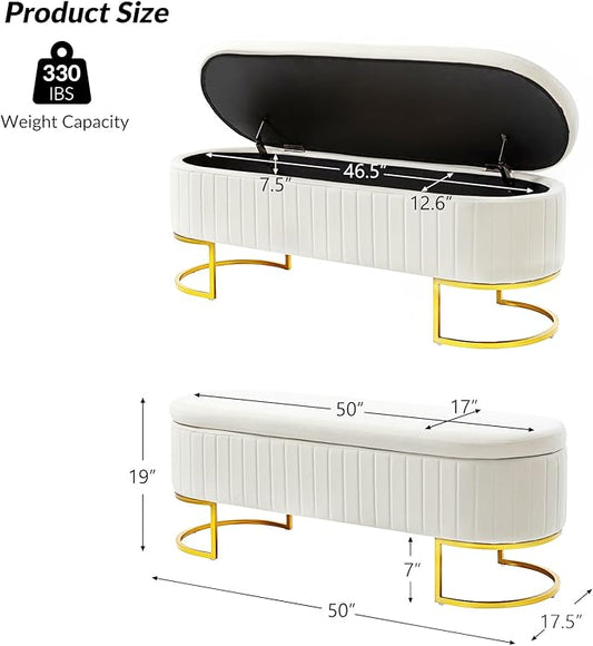 EcoHarbor Living 50" Storage Ottoman Bench with 2 Additional Ottomans, End of Bed Bench Bedroom Bench, Upholstered Velvet Long Window Bench with Gold Legs, Flipping Lid Entryway Footrest