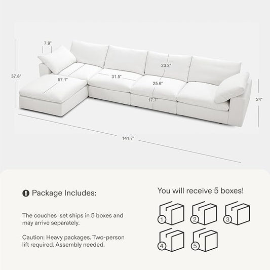 Modular Cloud Sofa, 141.7" Cloud Sectional Couches with Deep Seat, L-Shape 4-Seat Couch with Ottoman for Living Room, Modern Comfy Couch with Washable Cover, Wide Armrest (White,1 Ottoman)
