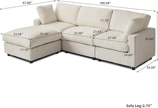 WJShome Modular Sectional Cloud Couch Modern L Shaped Sofa with Ottoman, 100 Inch 3-Seat Chenille Deep Seat Couches for Living Room, Bedroom and Apartment,Beige