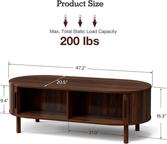 Coffee Table for Living Room, Modern Oval Coffee Table with Cabinets & Sliding Doors, Home Small Space, 47.2" Fluted Center Table, Walnut