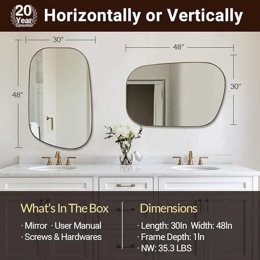ANDY STAR 30"x48" Gold Wall Mirror,Brushed Brass Irregular Bathroom Mirror with Stainless Steel Metal Frame, Large Asymmetrical Mirror for Bathroom, Entryway (Horizontal/Vertical)