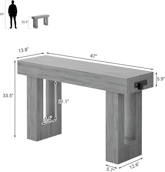 Unikito 47" Entryway Table with Socket and Sensor Light, Narrow Console Table with Storage Behind Couch, Farmhouse Entry Way Tables with Open Storage for Entrance/Hallway/Living Room, White Oak