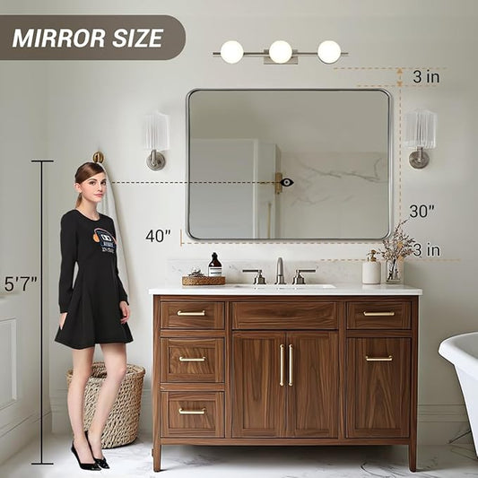ANDY STAR Wall Mirror for Bathroom, 30x40 Inch Brushed Nickel Rectangle Bathroom Mirror for Over Sink, Modern Silver Rounded Rectangular Mirror for Vanity with Non-Rusting Tube Metal Frame