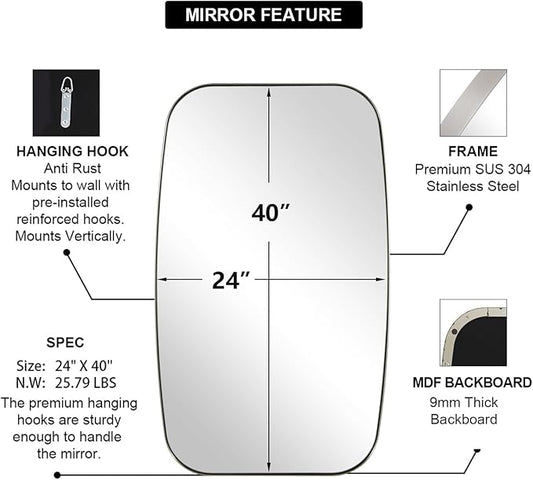 ANDY STAR Brushed Nickel Bathroom Mirror, 24x40” Oblong Mirror with Stainless Steel Metal Frame, Silver Oval Vanity Mirror for Over Sink, Modern Anti Rust Wall Mounted