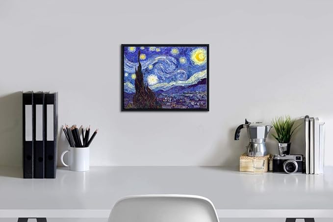 Wieco Art Framed Art Canvas Prints of Starry Night by Vincent Van Gogh Paintings Reproduction Post-Impressionism Artwork Framed Wall Art for Living Room Wall Decor Home Decorations Black