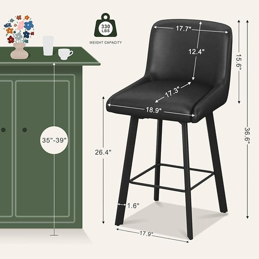 Swivel Bar Stools, 26''H Upholstered Barstools with Backs, Modern Counter Height Bar Stool Chairs for Kitchen Island, Metal Legs (Black- Faux Leather, Set of 4-26" H)